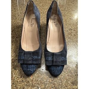 Ferca 81 Shoes Womens 41 Navy Blue Suede Bow Glitter Block 2.5" Heel Italy Made